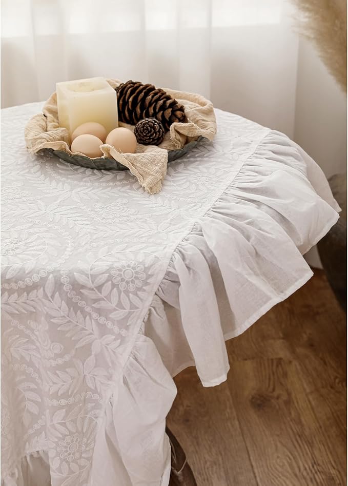 patdrea Vintage Ruffle Tablecloth for Rectangle Tables,Farmhouse Embroidered Cotton White Lace Table Cloth Cover Decor for Dining Room Wedding Banquet Thanksgiving Christmas,67"*106"