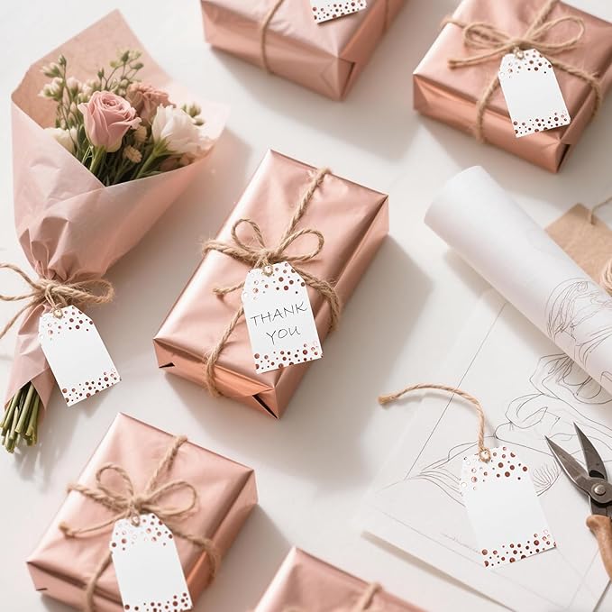 100Pcs Rose Gold Gift Tags with String Attached, ASYEHJNR Foil Rose Gold Dot Large Gift Bag Tags Presents with 65 FT Jute Twine, White Paper Gift Tags for Baby Shower, Wedding, Birthday Gift Wrap Tags