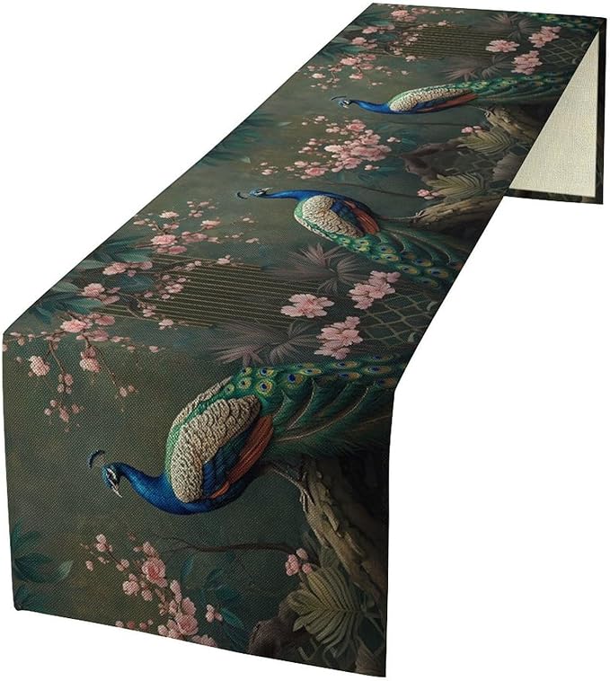 Peacock Table Runner,Vintage Aesthetic Peacock Birds Table Runner for Home Kitchen Dining Party Indoor Outdoor Decoration 13x70 Inch
