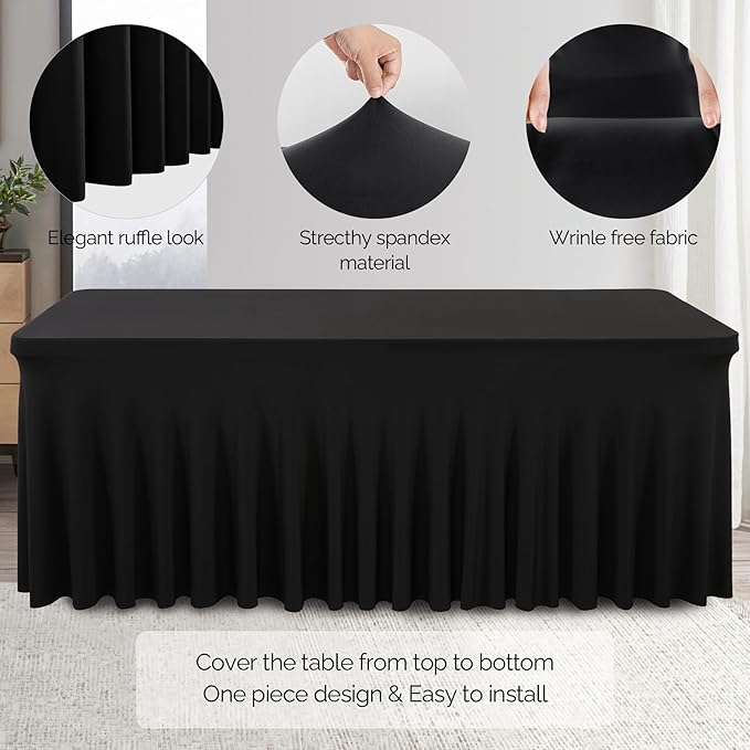 Wish Care 6 Pack Black Spandex Table Cloths for Rectangle Tables 4ft - One-Piece Wrinkle Free Fitted Table Cover 4 Foot Table Stretch Tablecloths for Party, Banquet, Wedding and Events