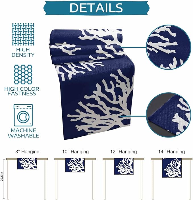 Coastal Coral Cotton Linen Table Runner for Dining Kitchen, Wedding Outdoor Party Tablerunners Decoration, Navy Blue Nautical Ocean Beach Dresser Scarf Coffee Tablecloth Runners 13x120 Inches