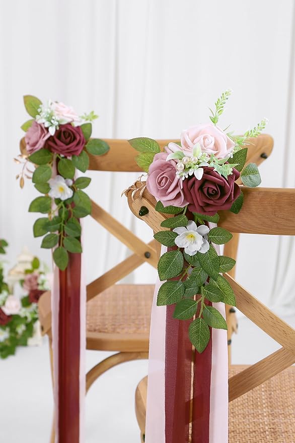 Artificial Flowers for Wedding Aisle with Burgundy Roses and Chiffon Ribbon
