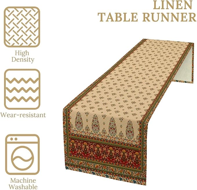 Boho Paisley Table Runner, Vintage Western Brown Dark Red Beige Flowers Leaves Print Table Runner for Kitchen Dining Table Wedding Holiday Party Decor, 13x108inch