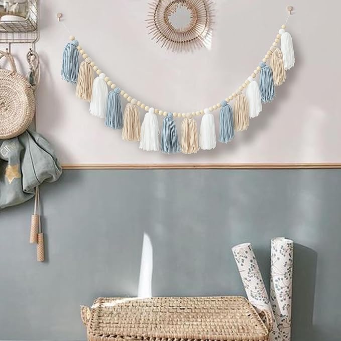 Tassels Garland Blue Boho Wall Hanging with Wooden Beads