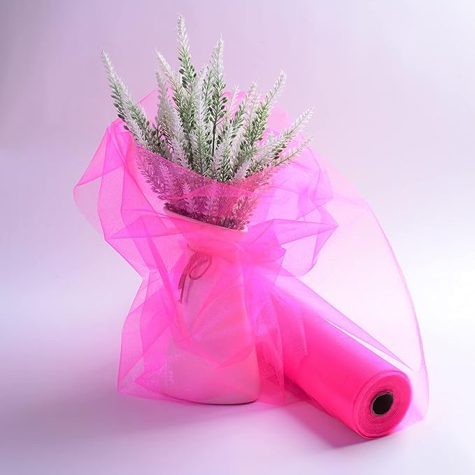 Crystal Organza Fabric Tulle - 16" by 50 Yards Sheer Fabric for Wedding Party Decoration Bridal Shower Tutu Roll Netting Spool Ribbon Wrapping (Pink)