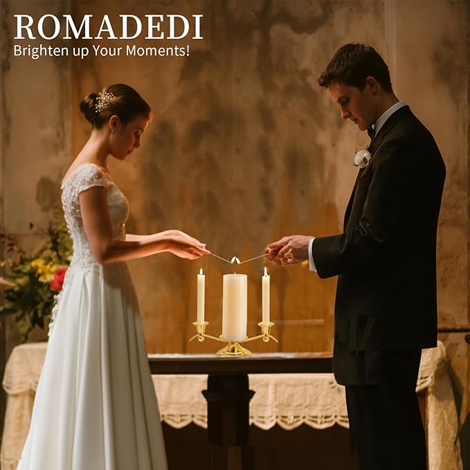Candlestick Holder Set, 3-Arm Gold Metal Unity Candle Stand