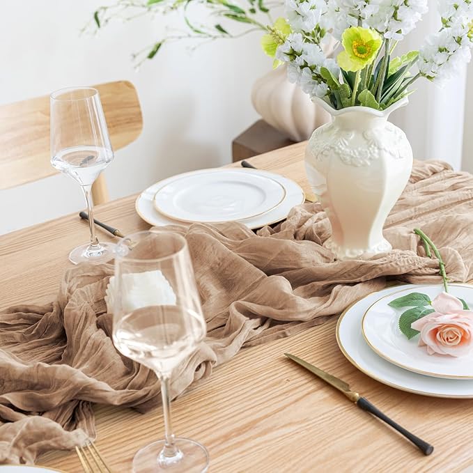 Asee'm 12pcs Cheesecloth Table Runner 120 Inches Long Nude Boho Gauze Cheese Cloth Runner 10FT Rustic Sheer Table Runners for Christmas Wedding Party Baby Shower Spring Easter Decoration