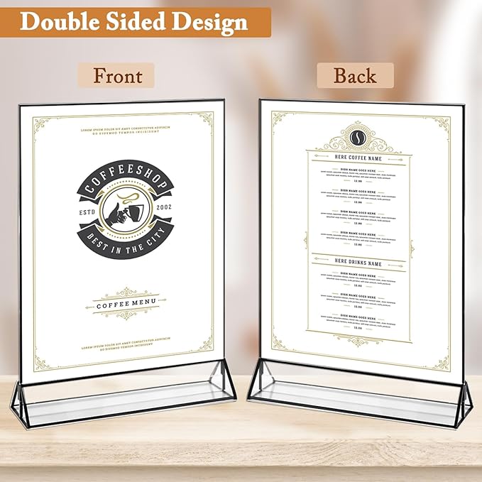 Floroom 6 Pack 8.5x11 Inch Clear Acrylic Sign Holders, Double-Sided Black Display Stand Picture Frames for Table Numbers, Menus, Flyers, Weddings, and Offices