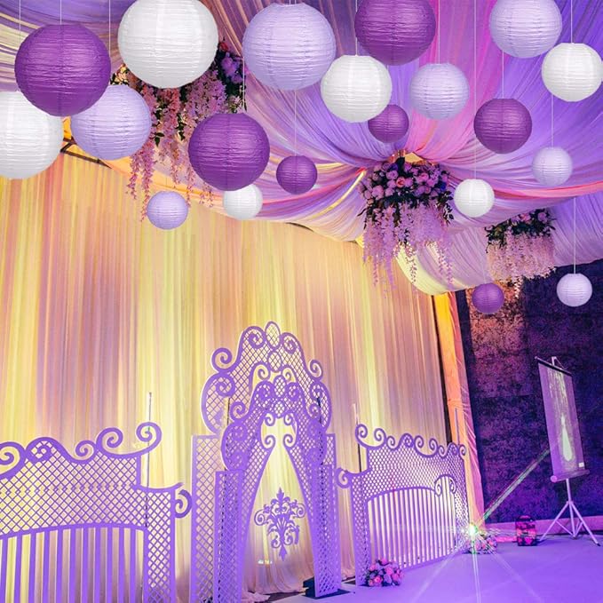 Paper Lanterns, 15 Piece Purple Lavender and White Rice Paper Set