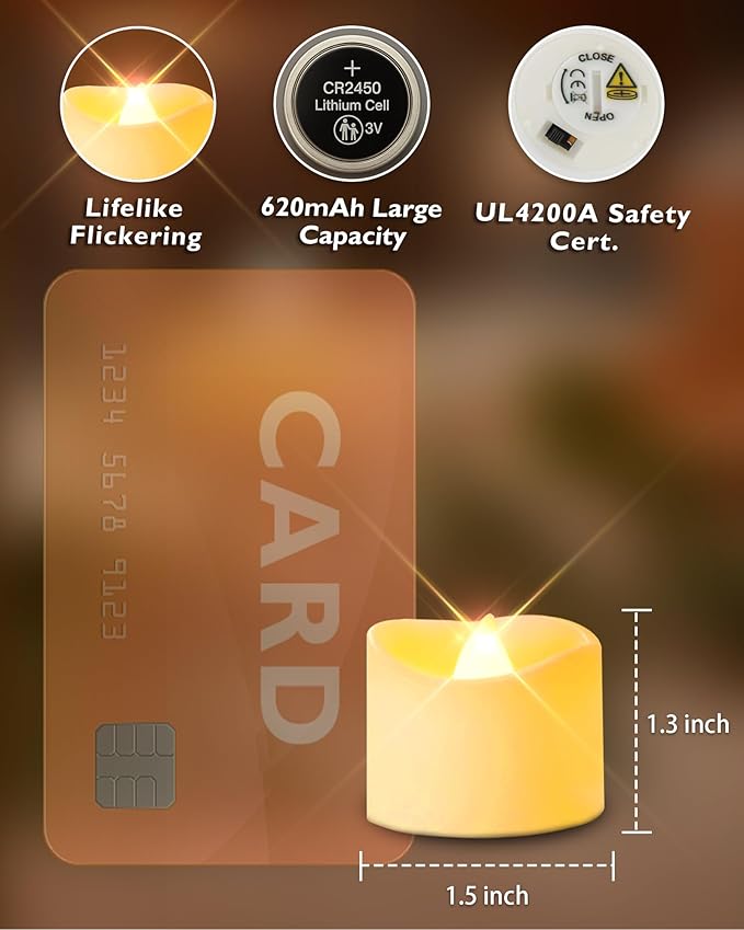Homemory 48-Pack Novelty Flickering Flameless Tea Lights Candles, 200+Hours Battery-Operated LED Fake Candles for Wedding Table Centerpieces,Proposal,Anniversary, Ivory Base, Ø1.5'' × H1.3''