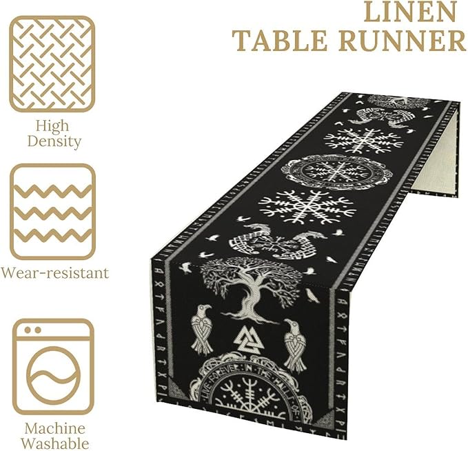 Ancient Abstract Pattern Table Runner, Tree of Life Eagle Dragon Boat Rudder Black and White Table Runner 13x60 Inch