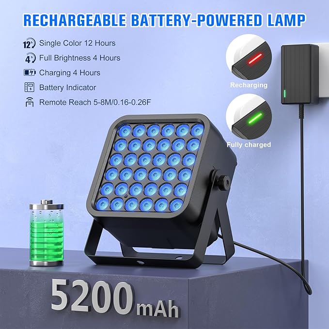 Rechargeable Par Can Lights, 72W RGB 5200mAh Uplights Battery Powered Stage Light, Wireless DJ Lights Sound Activated with Remote & DMX Control for Festivals, Weddings, Bars, Churches, DJ (1 Pack)