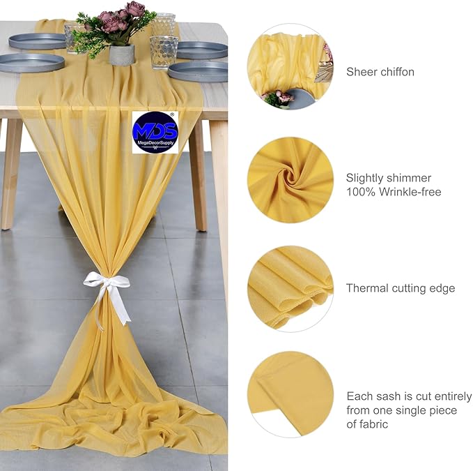 MDS Halloween Chiffon Table Runner - 20 Pack, 29 x 170 Inches, 14ft Each - Sheer Spooky Table Runners for Haunted House Parties, Trick-or-Treat Tables, Witchy Décor, Wedding & Events - Gold