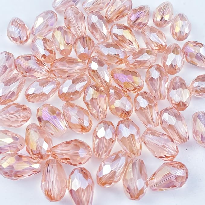 130pcs 6x8mm Teardrop Crystal Glass Beads Vertical Hole Faceted Glass Teardrop Spacer Beads for Bracelets Necklace Earring DIY Jewelry Making Craft(Pink AB)