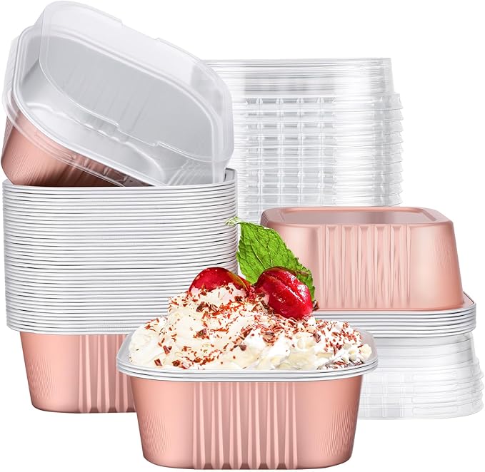 Baking Cups with Clear Lids, Rose Gold Ramekin Style, 50 Count