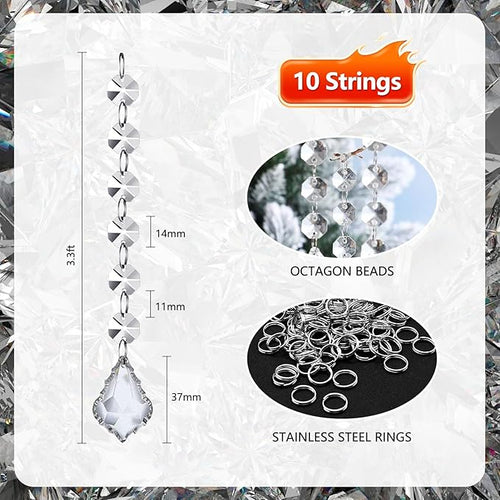 10 PCS Crystal Garland Strands, 33ft Hanging Crystal Strings for Window Curtains Doorway Decorations, Acrylic Clear Maple Leaf Crystal Ornaments for Christmas Tree, Wedding Party Home Chandelier Decor
