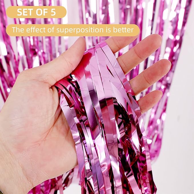 5 Pack Pink Fringe Foil Curtain 3.2ft x 8.2ft Tinsel Backdrop Streamers for Birthday Party Decoration Wedding Christmas Decoration