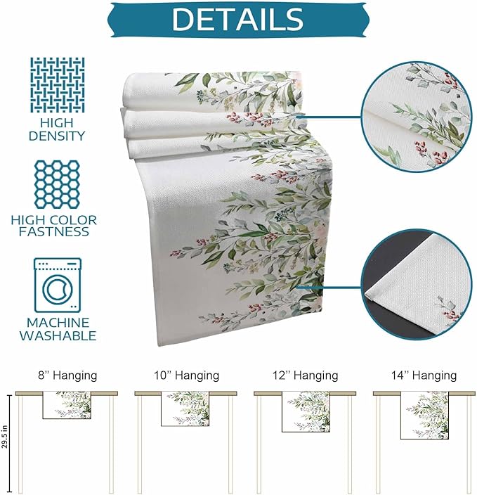Botanical Eucalyptus Cotton Linen Table Runner for Dining Kitchen, Wedding Outdoor Party Tablerunners Decoration, Sage Green Leaves Elegant Floral Dresser Scarf Coffee Tablecloth Runners 13x36 Inches