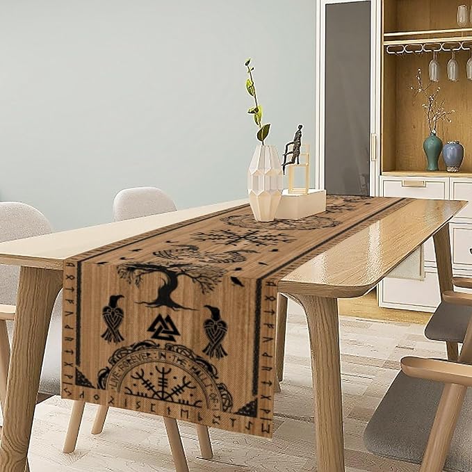 Viking Tree of Life Table Runner, Wooden Printed Eagle Dragon Boat Rudder Seasonal Kitchen Dining Table Decoration for Home Party 13x120 Inch