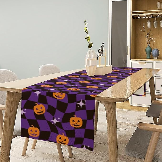Halloween Table Runner,Purple Checkered Pumpkin Table Runner for Kitchen Dining Table Decoration Home Party Decor 13x60 Inch