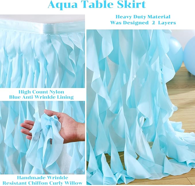 PARTISKY Aqua Blue Tulle Curly Willow Table Skirt for Rectangle Table 9ft, Ruffle Tutu Table Cloth for Boys Baby Shower,Birthday Party Candy Cake Tables