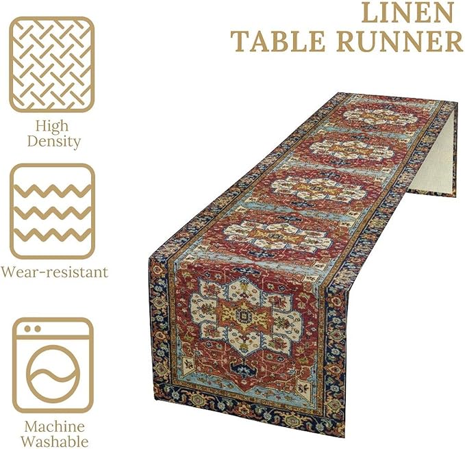 Vintage Boho Floral Table Runner, Rustic Country Farmhouse Red Blue Gold Retro Flower Pattern for Home Kitchen Table Decor Dining Coffee Room Party Decor 13x120in