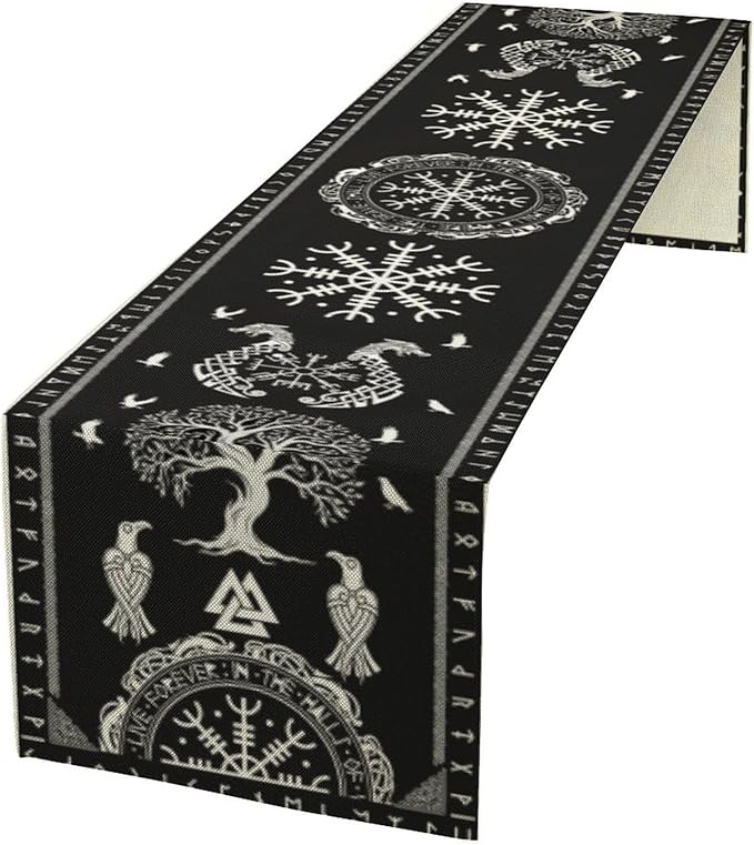 Ancient Abstract Pattern Table Runner, Tree of Life Eagle Dragon Boat Rudder Black and White Table Runner for Party Kitchen Dinner Cafe Bedroom Living Room Table Runner 13x120 Inch