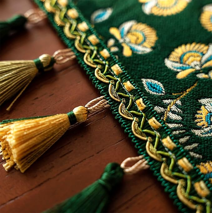 13×72 Inch Table Runner, Retro-Luxury Tassels Series for Kitchen Dining Table Holiday Decoration (Green Branch)