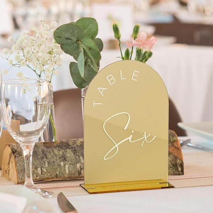 Place Cards: Gold Mirror Acrylic Arch Table Numbers 1-20, 5x7 Inch with Stands