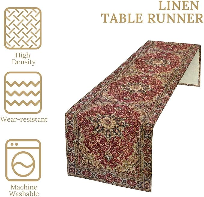 Vintage Boho Floral Table Runner, Rustic Country Farmhouse Red Gold Bohemia Flower Pattern for Home Kitchen Table Decor Dining Coffee Room Party Decor 13x108in