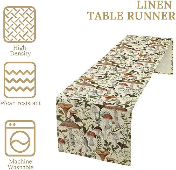 Mushroom Table Runner,Vintage Forest Flower Plant Print Table Runner for Kitchen Dining Table Home Party Decoration 13x60 Inch