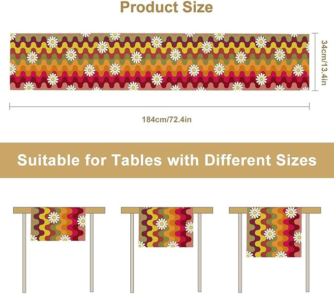Vintage Floral Table Runner,60s 70s Colorful Retro Abstract Hippie Print Table Runner for Kitchen Dining Table Home Party Decoration 13x36 Inch