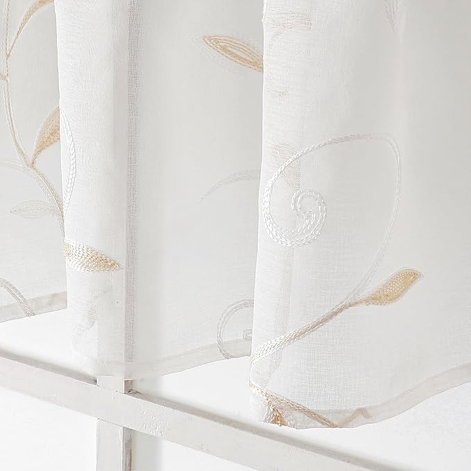 VISIONTEX White Sheer Voile Curtains, Decorative Leaves Embroidery Faux Linen Rod Pocket Window Drapes for Home Kitchen, Living Room and Bedroom 26 x 36 Inch, Set of 2 Curtain Panels