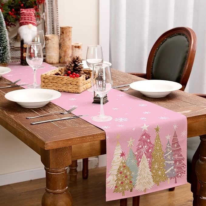 GEEORY Christmas Table Runner 13x90 Inch, Xmas Trees Snowflakes Holiday Decorative Farmhouse Table Decoration for Kitchen Dinning, Indoor Outdoor Dinner Party Decor (Pink) GT153-90