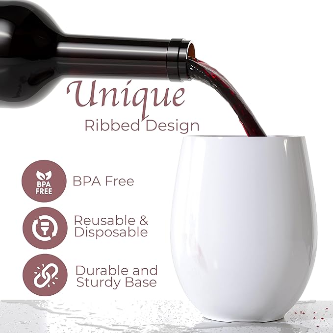 Stemless Plastic Wine Glasses, 24 Count, 12 Oz, White Unbreakable Set