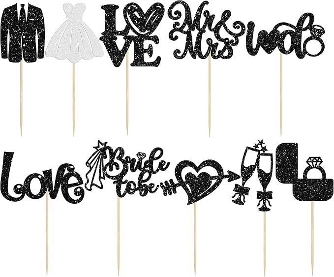 Ephlyn 30Pcs Bride to be Cupcake Toppers Glitter Wedding Cake Topper Decorations I Do Love Heart Ring Cupcake Picks for Bridal Shower Wedding Engagement Party Supplies Black