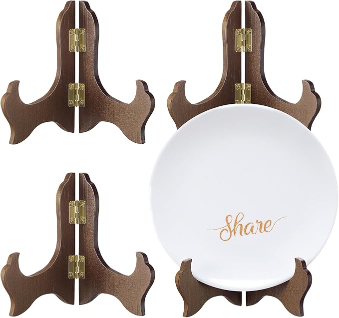 Tatuo 4 Packs Wooden Display Stand Decorative Plate Stands for Display Picture Frame Holder Easels(Brown,4 Inch)