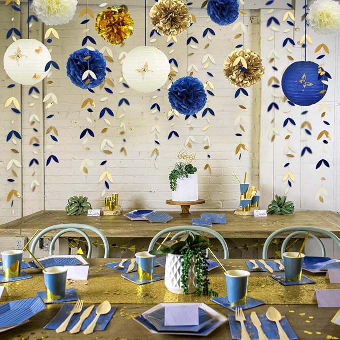 Banners Party Decor Kit in Navy Blue and Gold, 40 Pieces, Paper Lanterns
