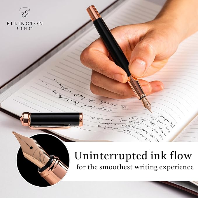 Ellington Pens Luxury Fountain Pen Set- Fountain Pens for Writing - Smooth Extra Fine Nib - Includes Refillable Ink Converter, 3 Ink Cartridges [Black & Blue], Gift Box - Elegant Calligraphy