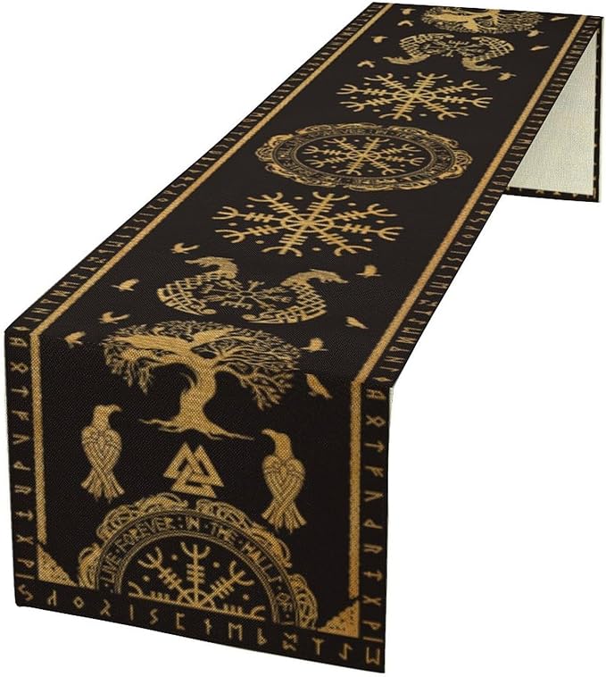 Viking Tree of Life Abstract Table Runner for Living Room Home Party Coffee Dining Party Wedding Golden Black Celtic Style Geometric Dragon Boat Rudder Ancient Script Table Runner 13x108 Inch