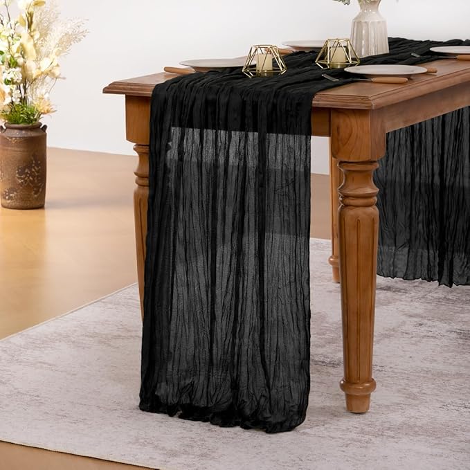 MLMW 10 Pack Halloween Table Runner Cheesecloth Black Boho Gauze Cheese Cloth 160 inch Rustic Sheer Table Runner 13.3ft for Party Wedding Baby Bridal Shower Birthday