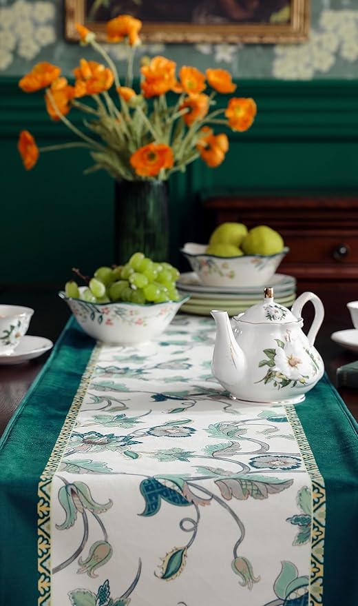patdrea Designer Elegant French Floral Velvet Table Runner, Teal with Blossoms Pattern Table Mat, Decoration for Kitchen Dining Coffee Table Shelf Cabinet Banquet Thanksgiving,12"*102"
