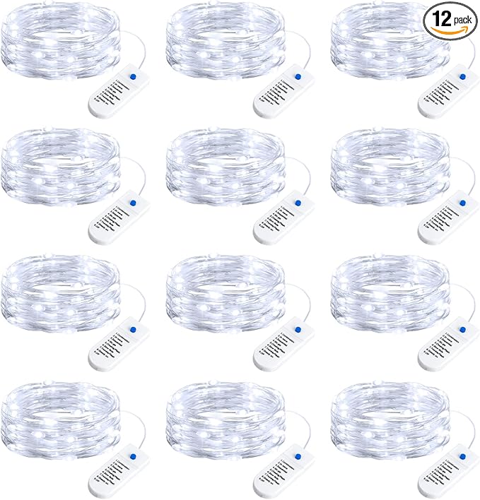 Minetom 12 Pack Fairy Lights Battery Operated String Lights, 8 Modes & Timer, 7ft 20LED White Waterproof Silver Wire Twinkle Lights, Firefly Starry Moon Lights for Mason Jars DIY Christmas Wedding
