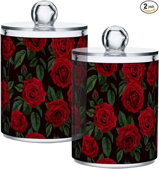 Gredecor Qtip Holder Dispenser 2 Pack Red Rose Flowers Leaves Bathroom Decorative Storage Canister Holder Counter Vanity Organizer for Cotton Ball Swabs Pads Floss