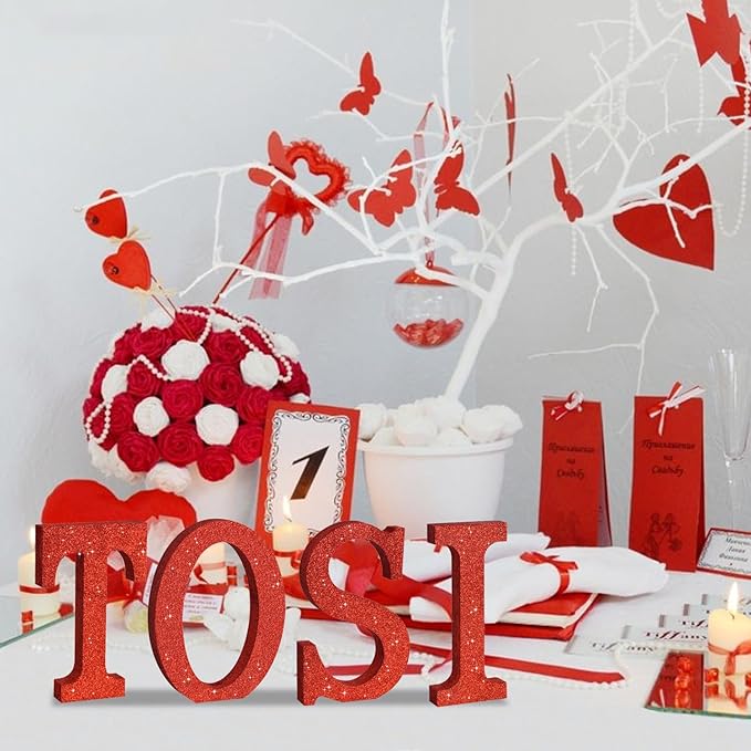 TONIFUL 8 Inch Red Glitter Letter S Table Centerpiece A-Z Red Birthday Party Decorations,Red Alphabet S for Birthday,Chrismas,Graduation,Bridal Shower,Wedding,Anniversary Party Supplies