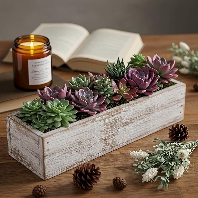 Wood Planter Boxes 5 Pack, Rustic White with Plastic Liners