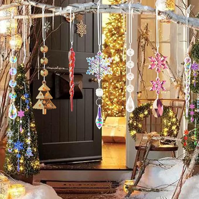 Lanpn 26pcs Christmas Ornaments Crystal Christmas Tree Decoration, Iridescent Hanging Clear Acrylic Snowflake Icicle Pendants Drop for Xmas Winter Outdoor Indoor Party Decoration Supplies Colorful