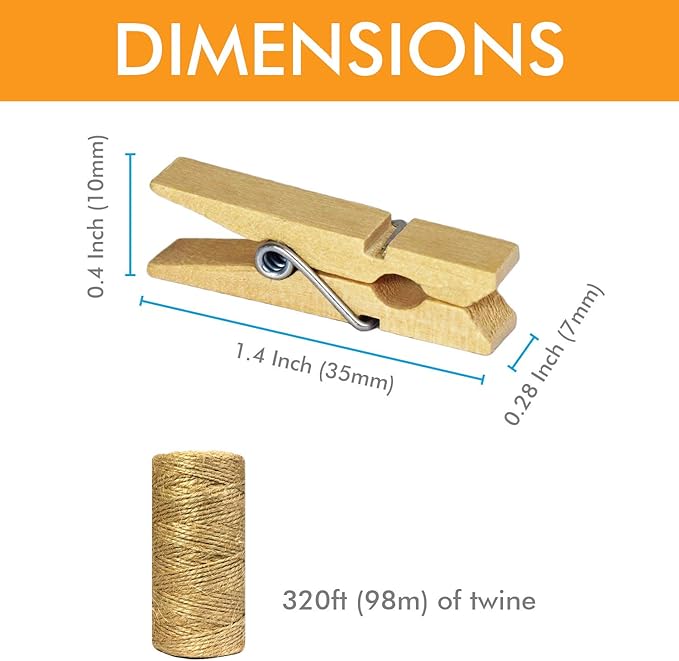 Mini Natural Wooden Clothespins with Jute Twine, 100pcs, 1.4 Inch Photo Paper Peg Pin Craft Clips with 320ft Natural Twine for Scrapbooking, Arts & Crafts, Hanging Photos (Assorted Colors)