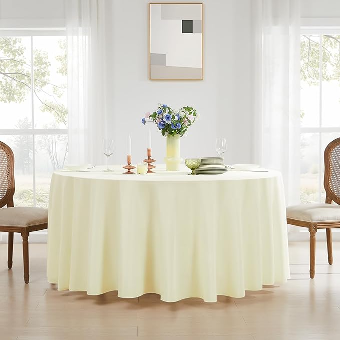 Tablecloth, 132 Inch Round Ivory Polyester, Machine Washable