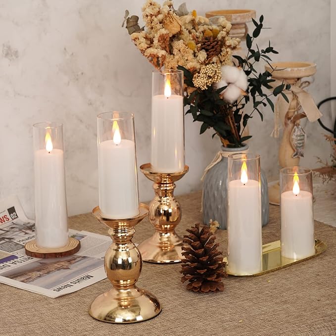 Amagic Pure White Flameless Candles, Battery Operated Candles, Acrylic Flickering LED Pillar Candles with Remote Control and Timer, 3D Wick, Yellow and Blue Glow, D2.2 xH5 5" 6" 7" 8", Set of 5